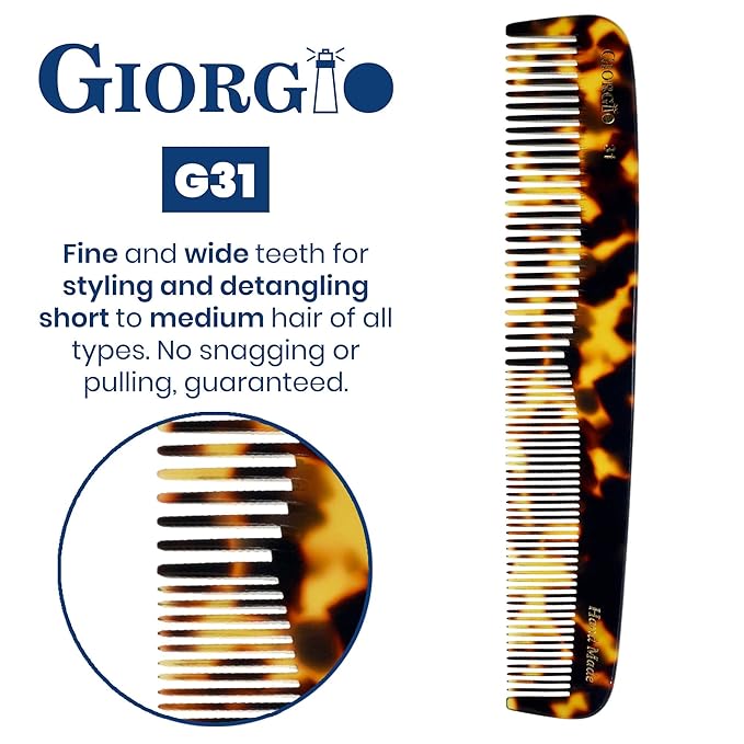 Giorgio G31 Fine Tooth and Wide Tooth,Hair Comb - Hair Styling Comb for Men, Grooming Hair Combs for Women, Mens Beard Care Combs for Detangling and Styling - Handmade Saw-Cut and Hand Polished