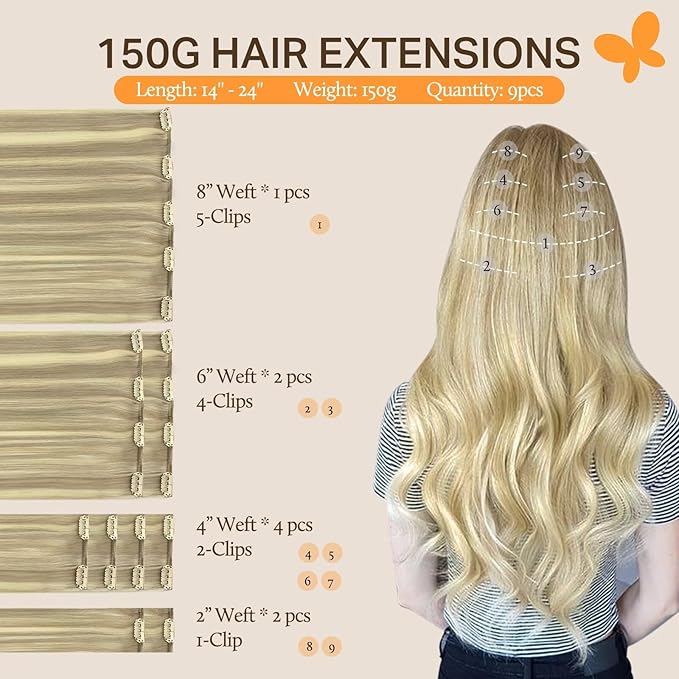 DOORES Hair Extensions Clip in Human Hair, Light Blonde Highlighted Golden Blonde 150g 9pcs 22 Inch, Clip in Hair Extensions Human Hair Extensions Human Hair Natural Straight Thick Human Hair