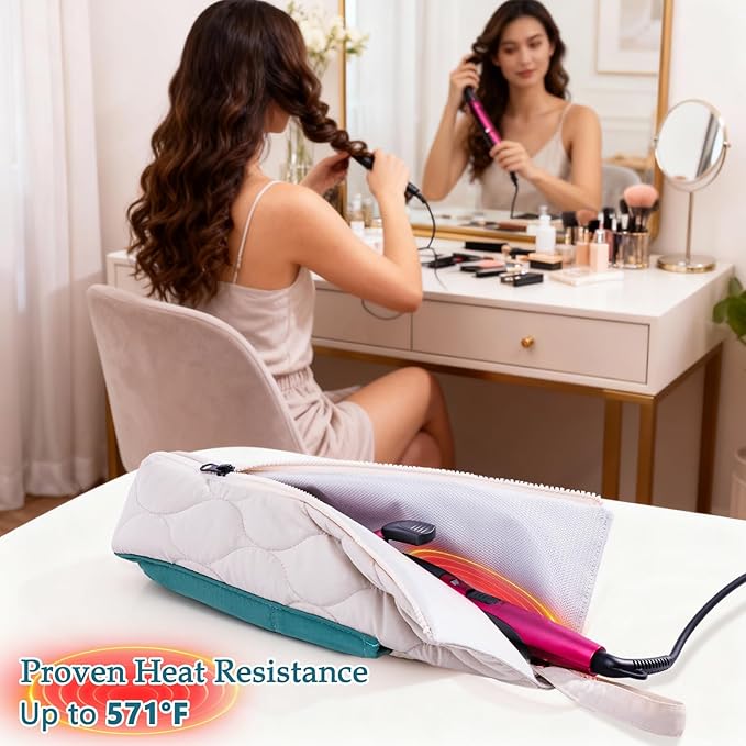 Heat Resistant Hair Tool Organizer Bag with Hanging Loop, Portable Travel Case for Flat Irons, Curling Irons, Hair Straighteners & Hot Styling Tools, 13.5" Heat-Proof Storage Cover with 2 Pockets