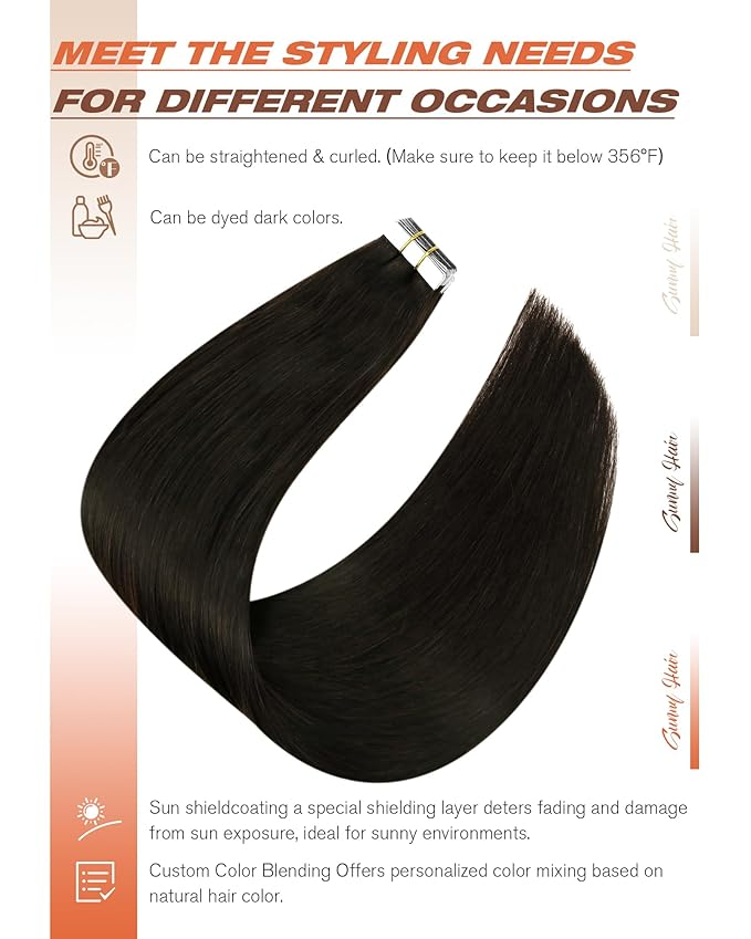 Sunny Hair Tape in Hair Extensions Human Hair 14inch Hair Extensions Real Human Hair Tape in Extensions for Women Darkest Brown Invisible Natural Straight Skin Weft Double Sided Tape 40pcs 100g