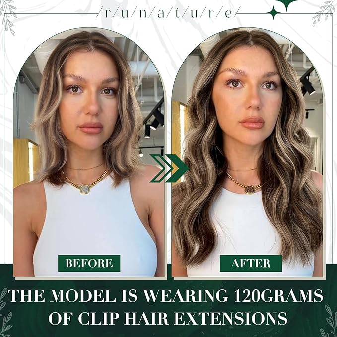 RUNATURE Human Hair Clip in Extensions, Well-Blended Remy Hair Extensions Clip Ins for Women, Add Hair Volume, 14 Inch 50g 3pcs #3P12 Walnut Brown Highlight