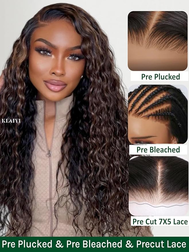 KLAIYI Golden Brown Water Wave Bye Bye Knots Glueless Wig Human Hair Highlight 7x5 Precut Lace Front Pre Plucked Bleached Ombre 3S Ready to Wear Go Beginners Wig with Dark Roots Deep Curly Wave 20Inch