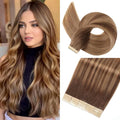 Tape in Hair Extensions Human Hair Chocolate Brown to Caramel Blonde 22 Inch 20Pcs Tape Ins for Women Straight Invisible Seamless Remy