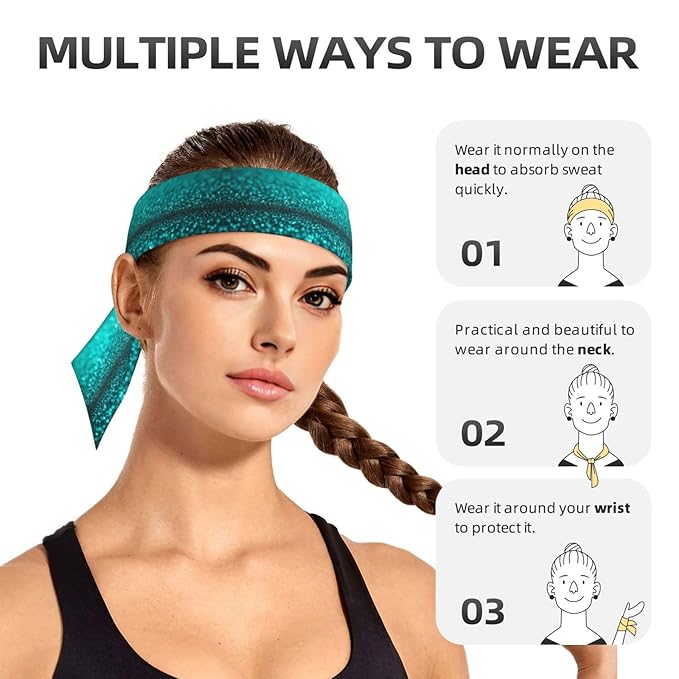 Men Women Cool Sports Sweatband Head Accessories for Yoga Fitness Spa, Elastic Multifunction Teal Turquoise Green Glitter Sparkle Texture Hair Band Headdress