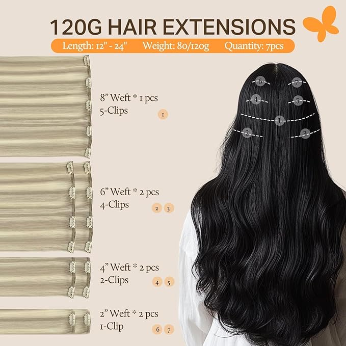 DOORES Real Human Hair Extensions, Balayage Ash Blonde Highlighted Platinum Blonde 24 Inch 120g 7pcs, Clip in Remy Hair Extensions Straight