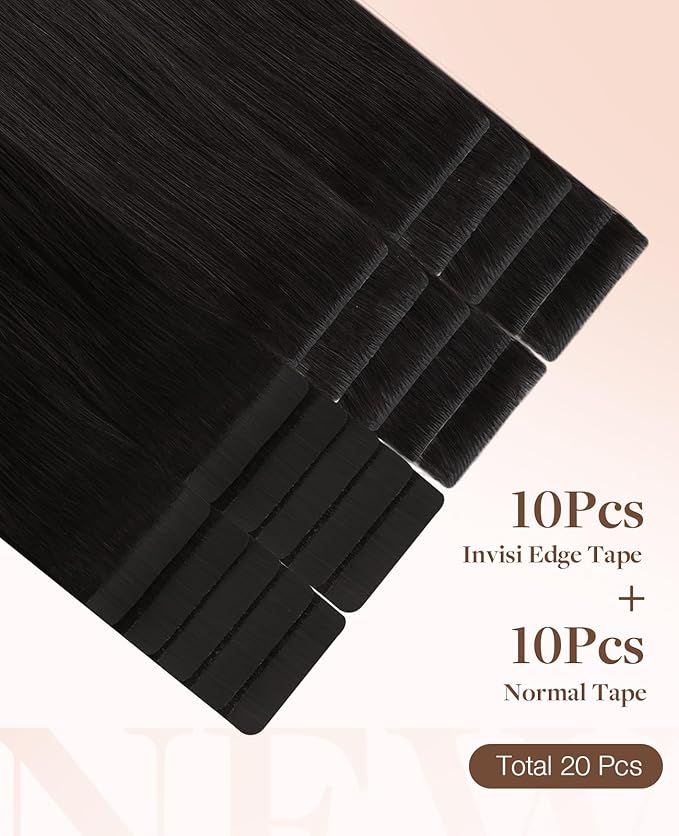 GOO GOO Invisi Edge Tape in Hair Extensions Human Hair, 1B Natural black 10pcs injected with 10pcs classical tape ins, 22inch 50g, Virgin Remy Hair, Natural Look