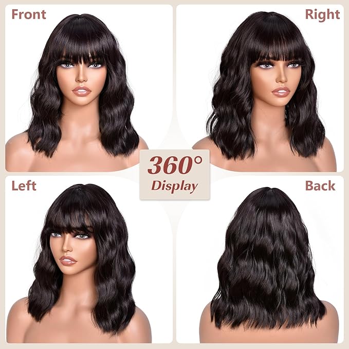 Dark Brown Bob Wig With Bangs Wave Wigs for Women 14 Inch Short Loose Wavy Heat Resistant Synthetic Wig Shoulder Length Hair for Daily and Cospaly Party Use