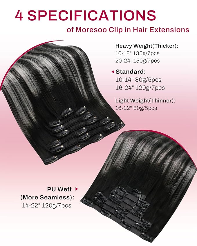 Moresoo Silver Clip in Hair Extensions Balayage Black and Silver Hair Extensions Clip ins Human Hair Ombre Remy Straight Human Hair Clip in Extensions 5Pcs 80G 12inch