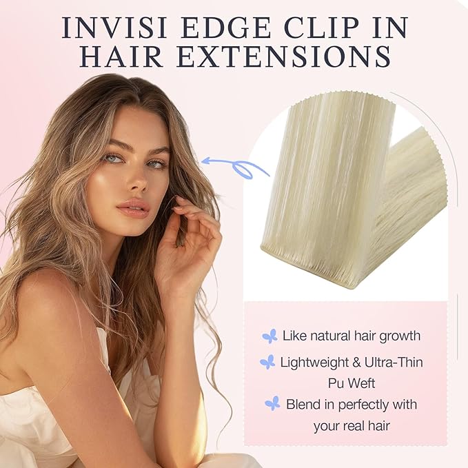 DOORES Clip in Hair Extensions Real Human Hair 20 inch 120g 7pcs Invisible Human Hair Extensions Clip ins, Injected Seamless PU Clipins Invisi Edge, 17/60 Ash Blonde Highlighted Platinum Blonde
