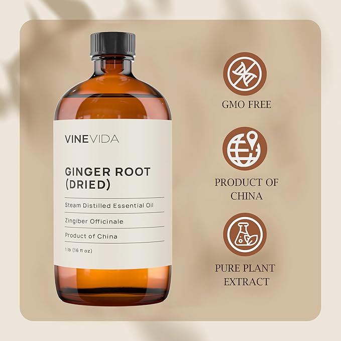 VINEVIDA Dried Ginger Root Essential Oil 16 oz - Undiluted Ginger Root Oil 16 oz - Ginger Root Candle Oil Scent - DIY Candle Scents for Candlemaking - Bulk Essential Oil for Soap Making Safe for Skin