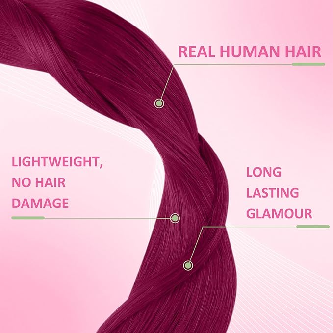 YoungSee Tape in Hair Extensions Magenta Human Hair Tape in Extensions Rosein 16 Inch Tape Ins Human Hair Extension Colored 10pcs 25g for Cosplay