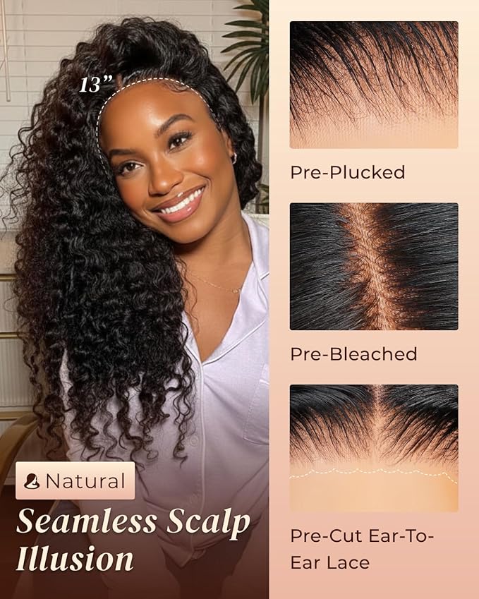 Arabella 13x6 Deep Wave Lace Front Wigs Human Hair 210% Density Glueless Wigs Human Hair 100% Curly Wave Human Hair Wigs 12A Pre Plucked Pre-Bleached Pre-Cut Glueless Wig 22 Inch