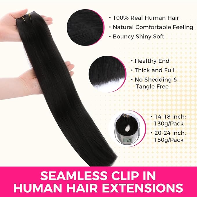 Lashey Seamless Clip in Hair Extensions Human Hair 150g 9pcs #1 Jet Black Straight 22 Inch Hair Extensions Clip ins with PU Soft Invisi Edge