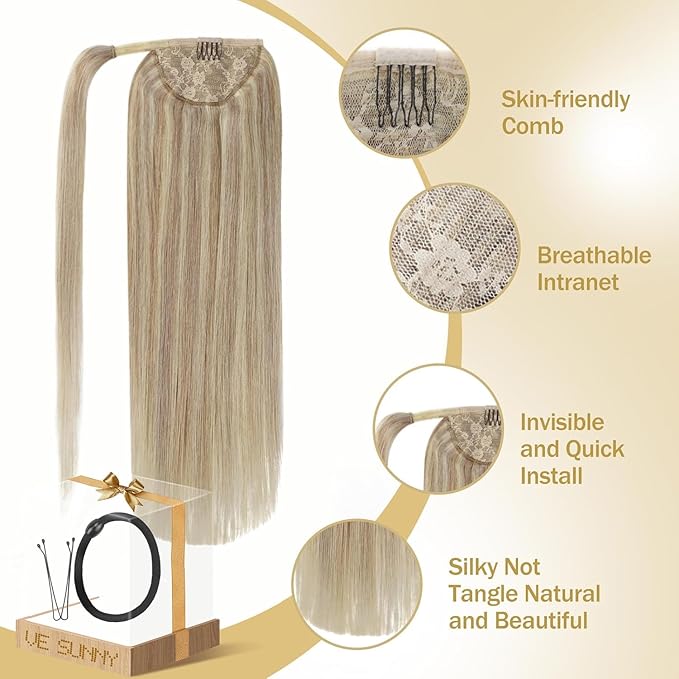 Ve Sunny Hair Extensions Ponytail Real Human Hair Wrap Around Clip in Ponytail Hair Extensions Straight Extensions Human Hair for Women Blonde Highlights for Women Warm Color 16inch 80G