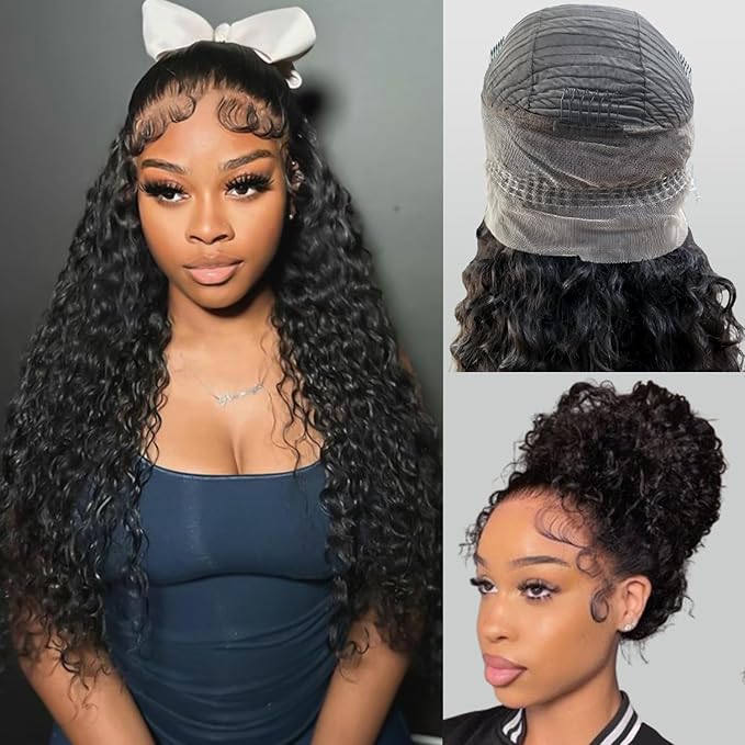 360 Glueless Drawstring Wig Human Hair 22 Inch Pre Plucked Hidden Strap 360 Water Wave Lace Front Wigs,180% Density Curly Wet and Wavy HD Full 360 Lace Frontal Human Hair Wig