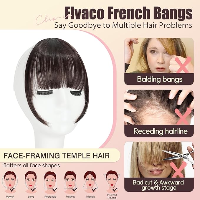 Clip in Bangs, Synthetic Wispy Bangs Hair Clip, Medium Brown Fake Bangs Fringe with Temples Hairpieces for Women Natural Curved Hair Extensions for Daily Wear
