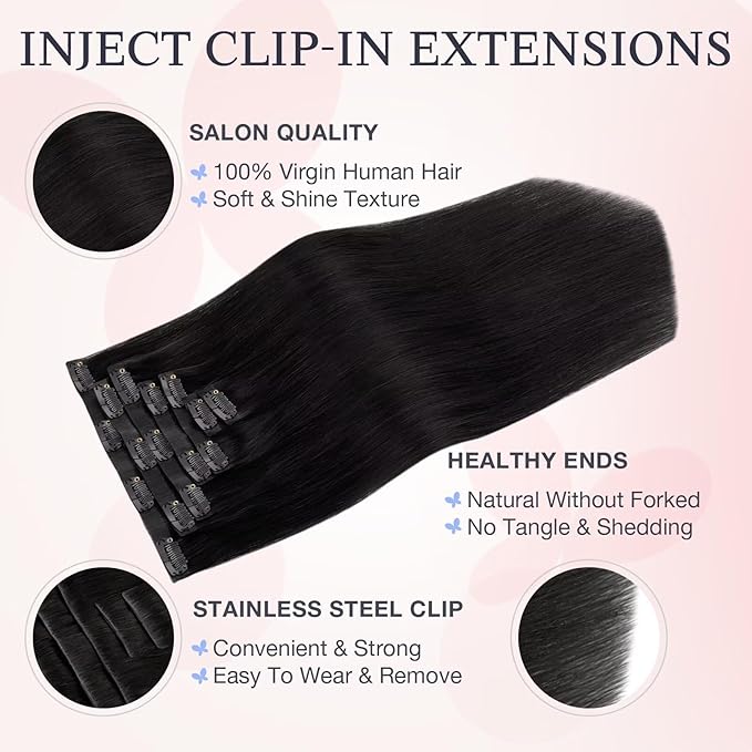 DOORES Hair Extensions Real Human Clip in 14 inch 110g 7pcs Invisi Edge, Seamless Clip in Hair Extensions Invisible Clipins Virgin Injected Skin Weft, 1 Jet Black