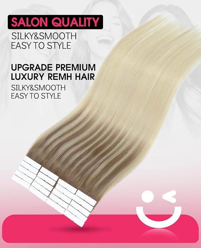 Youngsmile Injection Tape in Hair Extensions Human Hair #8T60 Ash Brown to Platinum Blonde 20pcs 45g 20 Inch Balayage Injected Seamless Tape in Hair Extensions Straight Remy Human Hair (#8T60,20'')
