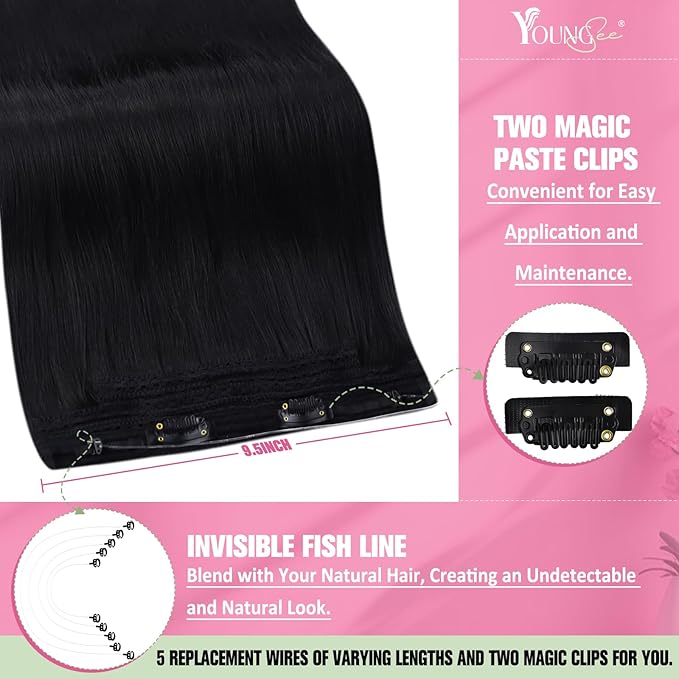 YoungSee Invisible Wire Hair Extensions Jet Black Human Hair Wire Extensions Black Fish Line Hair Extension Real Human Hair Easy to Wear 18inch 80g