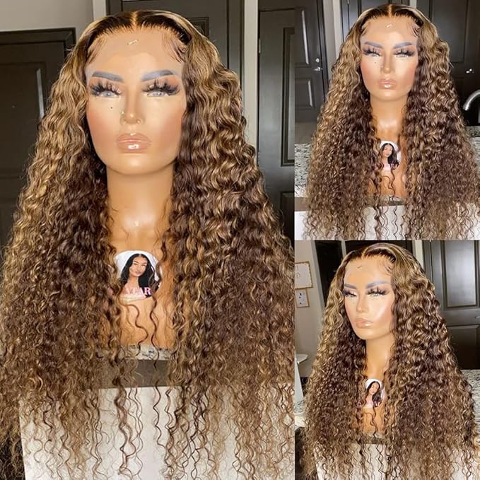 CYNOSURE 16 Inch Highlight Ombre Deep Curly Lace Front Wigs Human Hair Pre Plucked 180 Density Honey Blonde Jerry Curly Wig Human Hair 13x5 HD Transparent Lace Frontal Wigs Human Hair for Women