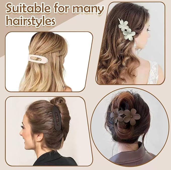 5 PCS Flat Hair Clips, Medium Lay Flat Claw Clips for Women Girls, 2 Styles Stylish Matte Non-slip Hair Claws for Thick Thin Hair(Brown&White)