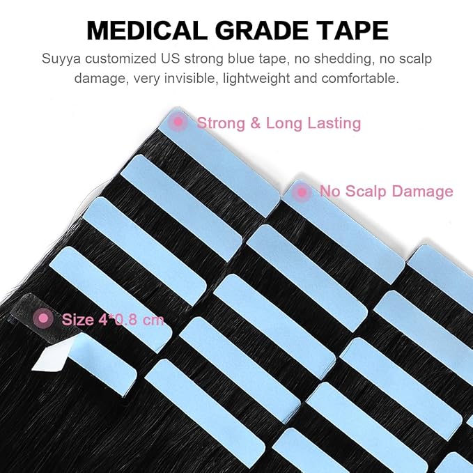 SUYYA Tape in Hair Extensions Human Hair 100% Remy Human Hair Jet Black 50g/pack 20pcs Straight Seamless Skin Weft Tape Hair Extensions(22 inches #1 Jet Black)