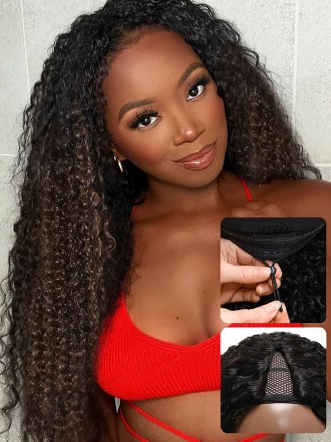 YIROO EasiContour V Part Ombre Brown Human Hair Wig Curly 12A Glueless Upgrade U Part Wig Ombre Black to Chestnut Brown No Leave Out V Shape Clip Wigs Ready to Go 150% Density Beginner Friendly 22Inch