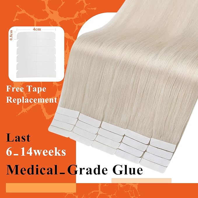 Full Shine Blonde Tape in Hair Extensions Color 1000 Blonde Remy Real Human Hair 14 Inch Double Sided Seamless Invisible Skin Weft Tape in Hair Extensions Brazilian Silky Add Volume 20 Pcs 50G
