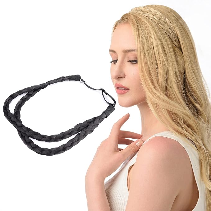 DIGUAN Double Three Strand Synthetic Hair Braided Headband Hairpiece Extension Women Girl Beauty accessory (Natural Black)