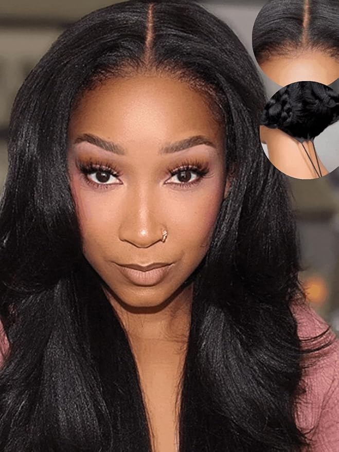 Julia Hair No Slip Yaki Straight 7x5 Lace Closure Glueless Drawstring Wig Flexible Mesh Cap Bye-Bye Slip Pre Cut HD Lace Front Pre Everything Bleached Knots Wear and Go Wig,Zero Slip Hold 22 Inch
