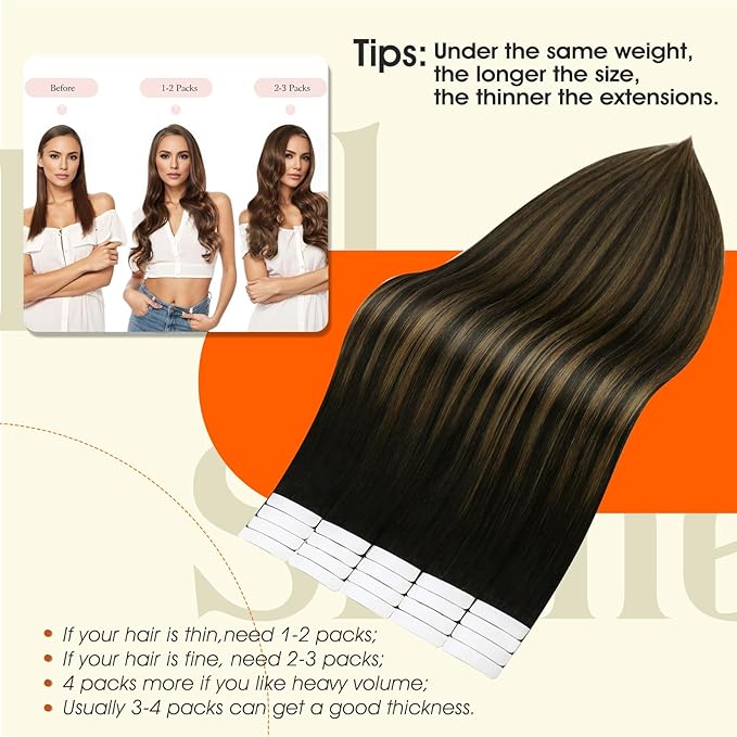 Full Shine Balayage Tape in Hair Extensions Human Hair Color 1B Black Ombre 6 Brown And Black Tape ins Human Hair Seamless Tape ins Human Hair Extensions 14 Inch Add Volume 50Gram 20Pcs Natural Hair