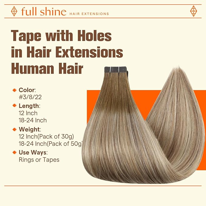 Full Shine Tape in Hair Extensions Human Hair Color 3/8/22 Dark Brown to Ash Brown and Blonde 22Inch 50G 20PCS Tape in with Holes Tape Extensions Human Hair Glueless Invisible Soft Remy