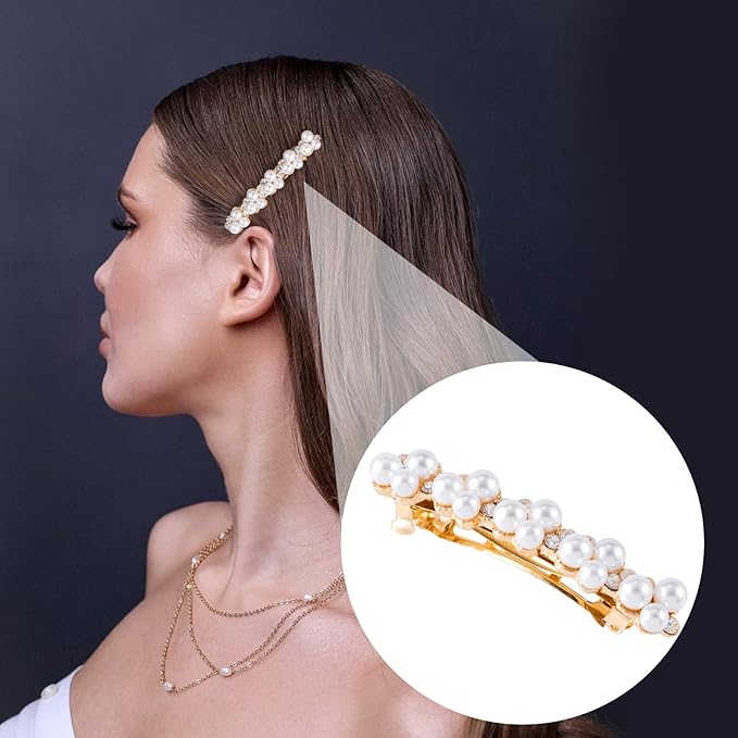 2 Pcs Pearl Rhinestone Hair Clips, Pearl-Embellished Barrette, Elegant Pearls Barrettes for Women, Party, Wedding, Daily Use, Graduation (Gold)