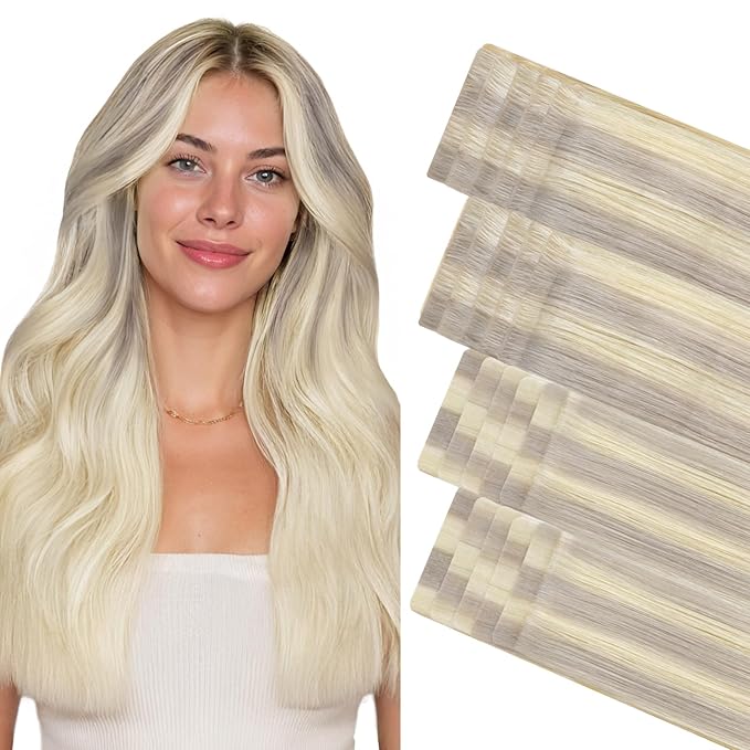 GOO GOO Invisi Edge Tape in Hair Extensions Human Hair, 17/22/60 Balayage Ash Blonde to Golden Blonde and Platinum Blonde 10pcs injected with 10pcs classical tape ins, 22inch 50g, Virgin Remy Hair
