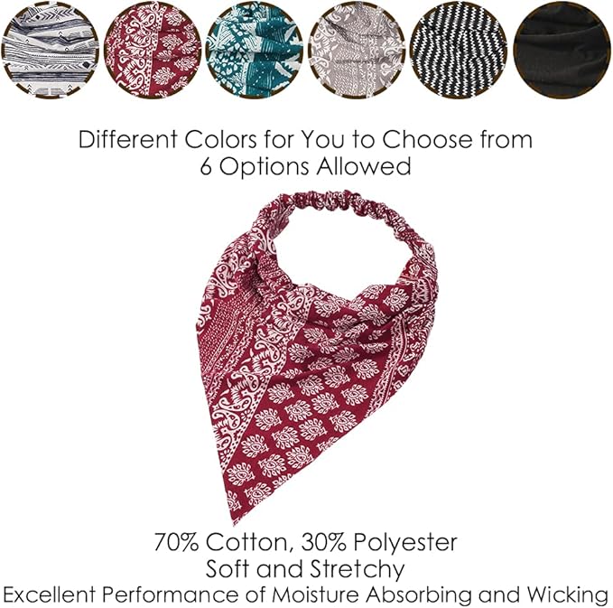 6 Pack Hair Scarf Headband for Women Elastic Bandana Head Scarf Large Boho Triangle Kerchief with Clips Non Slip Scarves