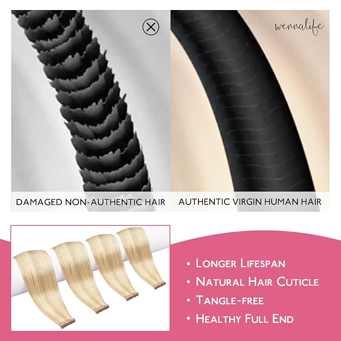 WENNALIFE Tape in Hair Extensions Human Hair Balayage Light Wheat Platinum Blonde Tape in Extensions, 10pcs 20g 12 inch Remy Invisible Tape Ins Straight Colored Soft Real Human Hair Tape in Extensions