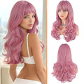 Haloo Pink Wigs with Bangs Long Wavy Layered Haircut Natural Looking Fluffy Synthetic Heat Resistant Hair Wig for Women Daily Party, 24 Inch
