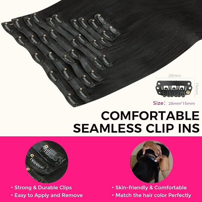 Lashey Seamless Clip in Hair Extensions Real Human Hair Invisi Edge 10pcs 190g 16 Inch Thick Straight Clip in Hair Extensions with PU Weft Natural Black for Women Full Pack