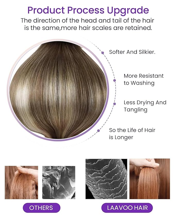 LaaVoo Tape in Hair Extensions Human Hair Balayage Light Brown Fading to Platinum Blonde with Brown Tape in Extensions Seamless Tapes on Hair Extension Real Human Hair Soft Hair 24inch 20pcs 50g