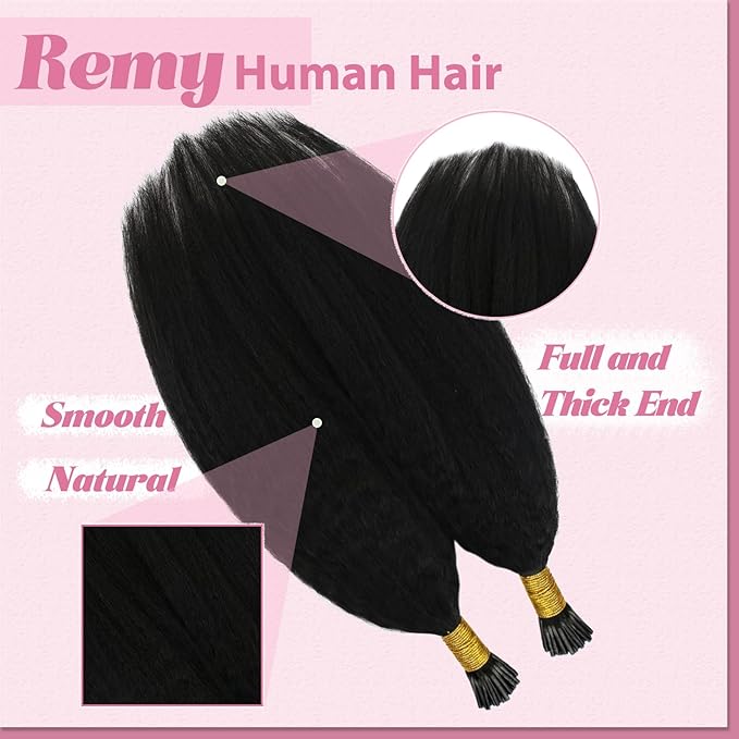 YoungSee Kinky Straight I Tip Hair Extensions Human Hair Black Kinky I Tip Extensions Remy Hair 80s 50g Itip Hair Extension Real Human Hair Yaki for Black Women Short 14Inch