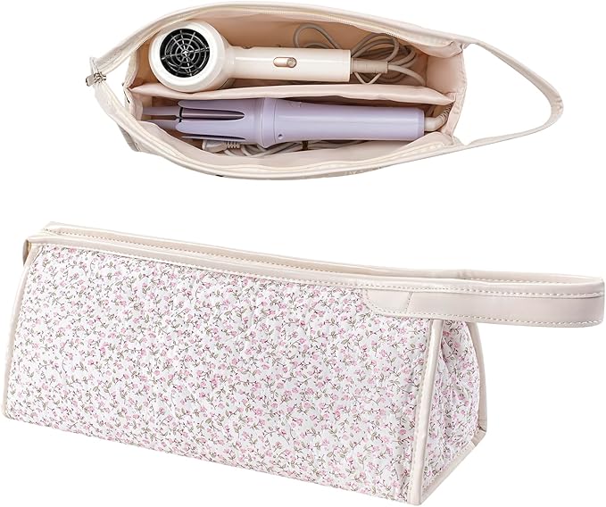 Large Quilted Hair Tools Travel Bag,Aesthetic Hair Styling Accessories Storage Case for Flat Irons,Straightener,Curling Iron,Hair Dryer,Dyson Airwrap Travle Bag（06Small Pink Flower）