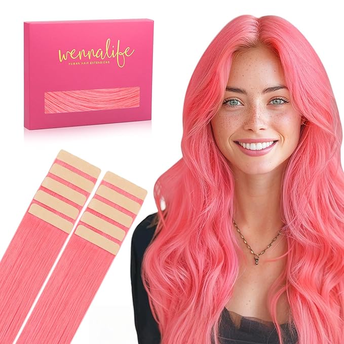 WENNALIFE Tape in Hair Extensions Human Hair Light Pink Tape in Extensions, 10pcs 25g 18 inch Remy Invisible Tape Ins Straight Colored Soft Real Human Hair Tape in Extensions Refill Set Extensions