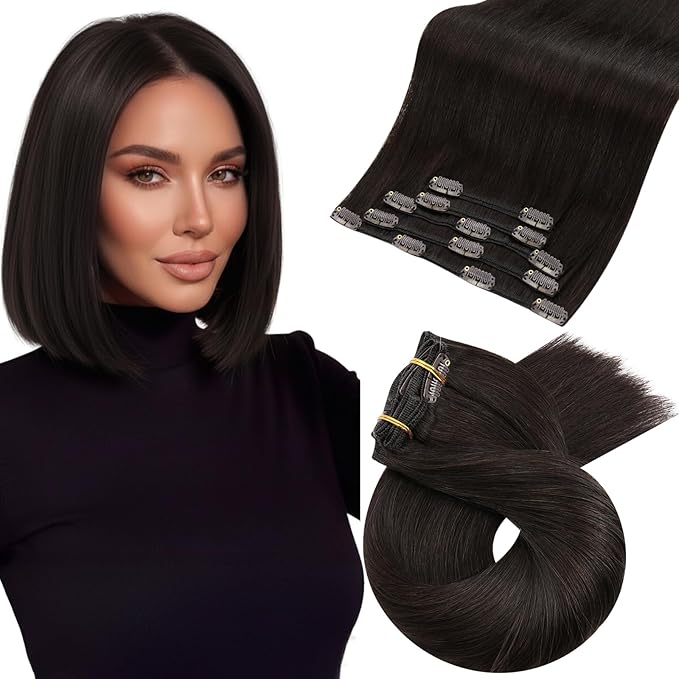Moresoo Short Human Hair Clip in Extensions Brown Double Weft 10 inch Clip in Hair Extensions for Women Dark Brown #2 5pcs 80g