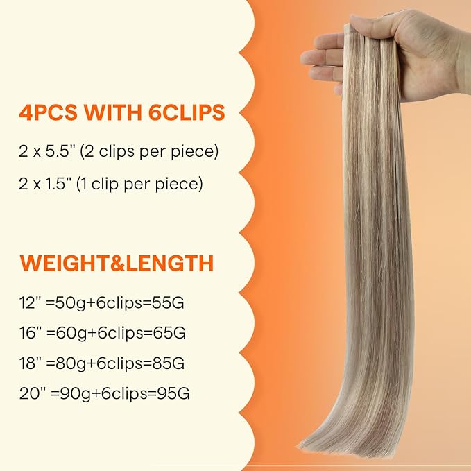 Full Shine Seamless Clip in Hair Extensions Human Hair, Highlights Blonde to Ash Blonde Real Hair Extensions Clip in, Seamless Wefts for Thin Hair Add Volume, 4Pcs 16Inch 65 grams