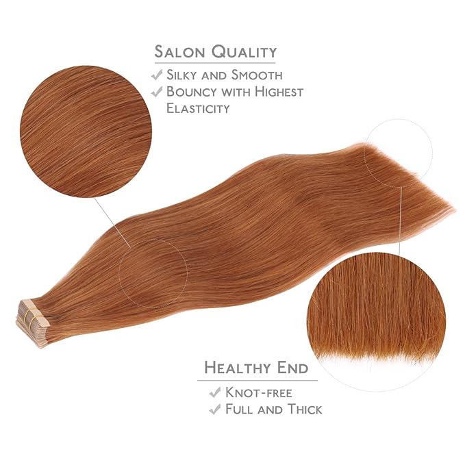 WENNALIFE Tape in Hair Extensions Human Hair, 20pcs 50g 16 inch Dirty Ginger Remy Hair Extensions Straight Human Hair Tape in Extensions