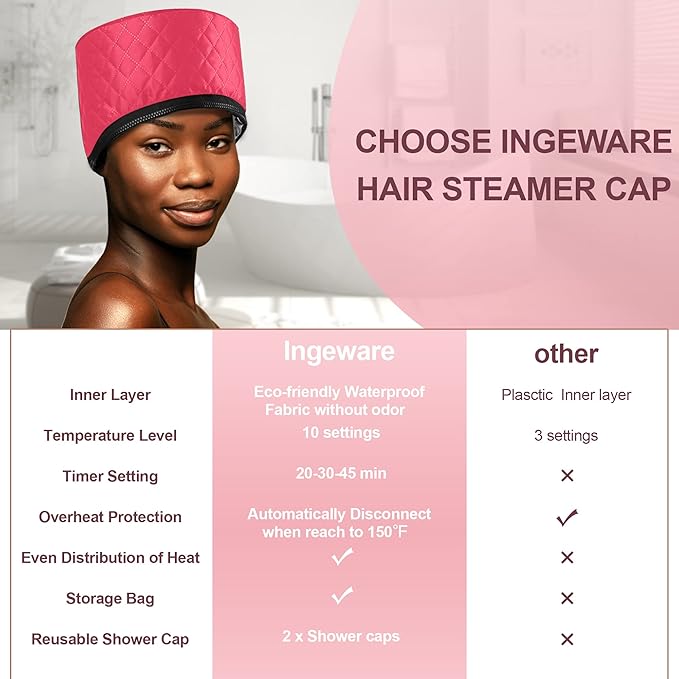 Heat Cap for Deep Conditioning, Ingeware Thermal Cap for Hair Steamer Cap for Natural Hair Portable Electric Heat Hair Spa Cap for Home Use Pattern (Rose Red)