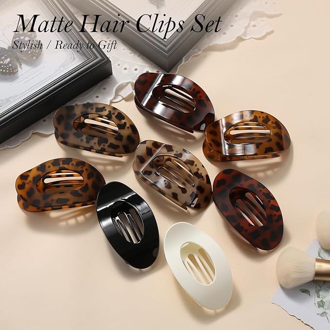 Upgraded 8 Pack French Flat Hair Clips for Women Girls, Matte Lay Flat Claw Clips, Large No-Slip Claw clips for Thick &Thin Hair, Strong Hold Styling Barrettes Accessories for Daily Styling (Leopard)