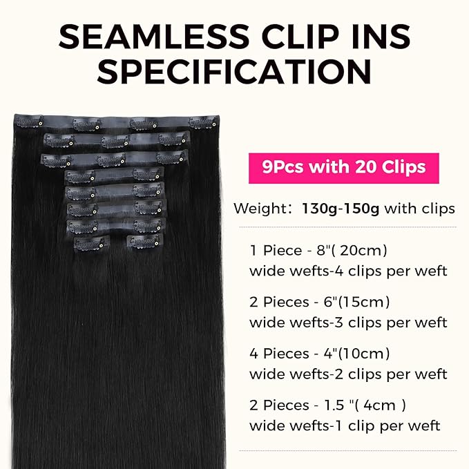 Lashey Seamless Clip in Hair Extensions Human Hair 130g 9pcs #1 Jet Black Straight 16 Inch Clip in Hair Extensions with PU Soft Invisi Edge for Women