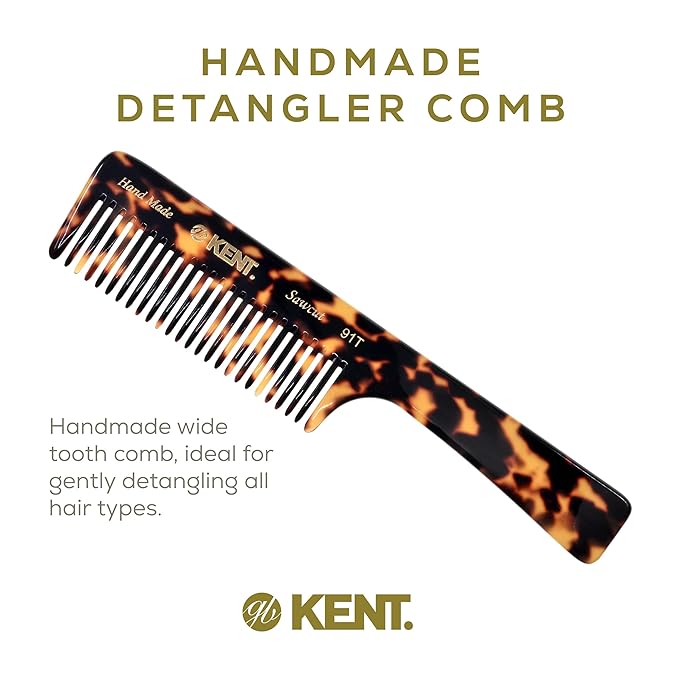 Kent 91T TY Wide Tooth Detangler Hair Comb for Women and Men -for Curly and Wavy Hair -Wet Hair Comb, Large Handle Wide Tooth Shower Comb for Effective Detangling,Saw-Cut Hand Polished made in England