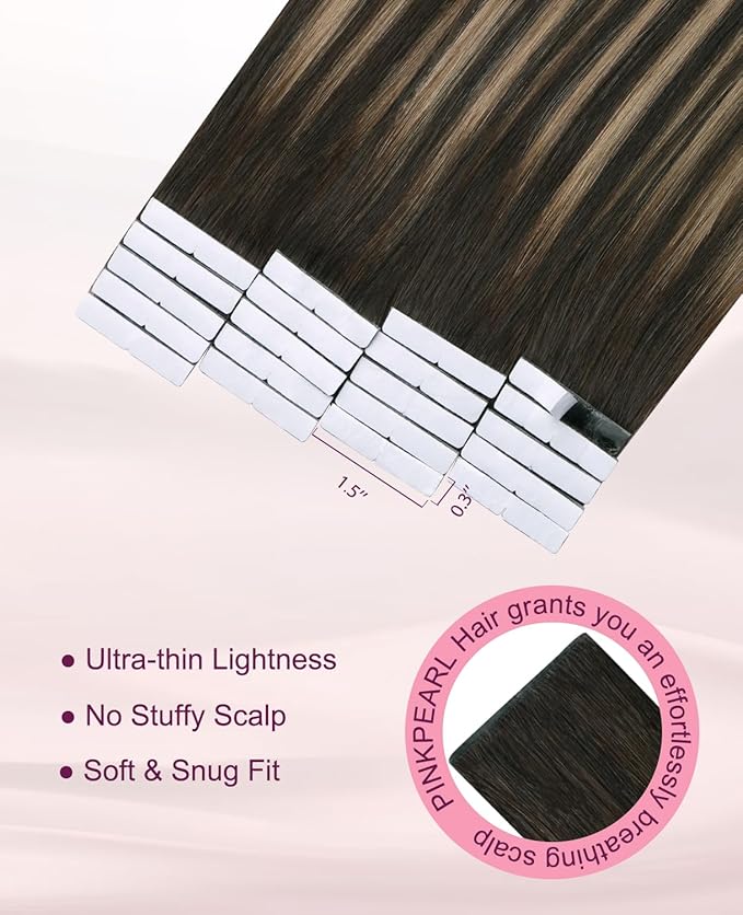 Pinkpearl Invisible Tape in Hair Extensions Human Hair, 20pcs 20inch 55g #2/6/2 Balayage Dark Brown to Chestnut Brown Injection Tape in Extensions Real Remy Human Hair Injected